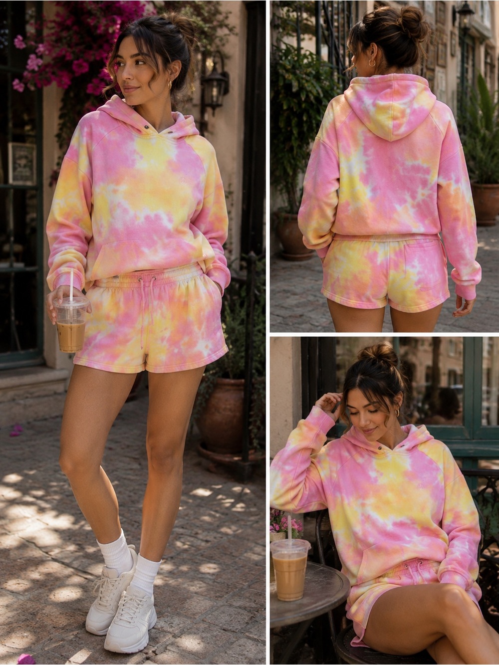 Volcom Tie-Dye Pink Yellow Pullover Hoodie & Shorts Set